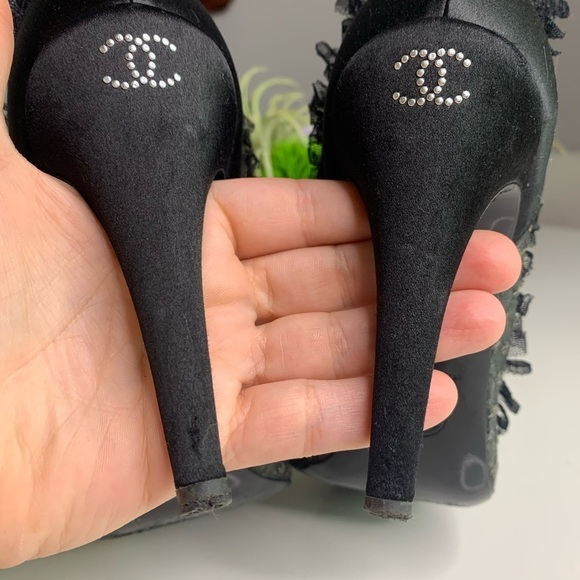 CHANEL Black satin Cap Round Toe Ruffle trim lace sheer high heels Stiletto shoe - Picture 8 of 15